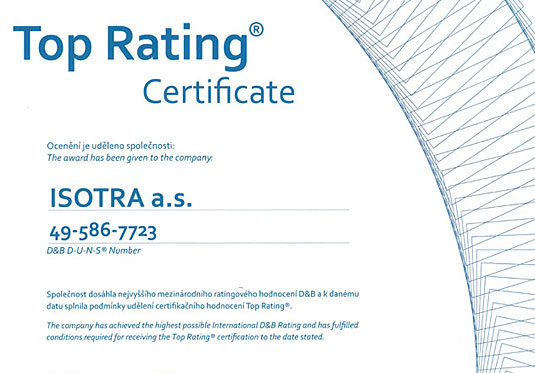 ISOTRA a. s. Receives Prestigious “TOP RATING”
